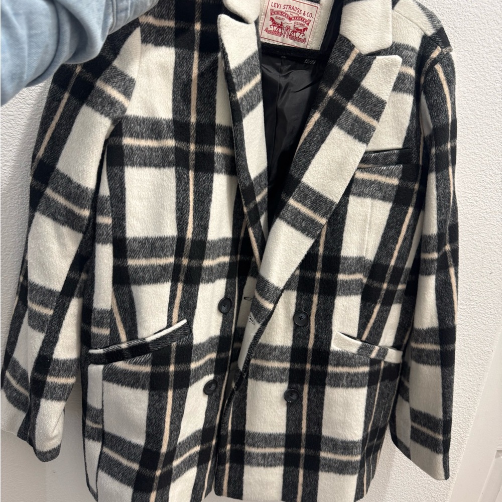 Levi's Black, Cream & Tan Plaid Double-Breasted Coat